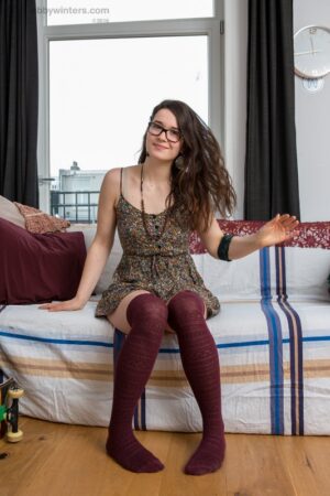 Cute nerdy hipster amateur Emilia naked in thigh high socks and glasses